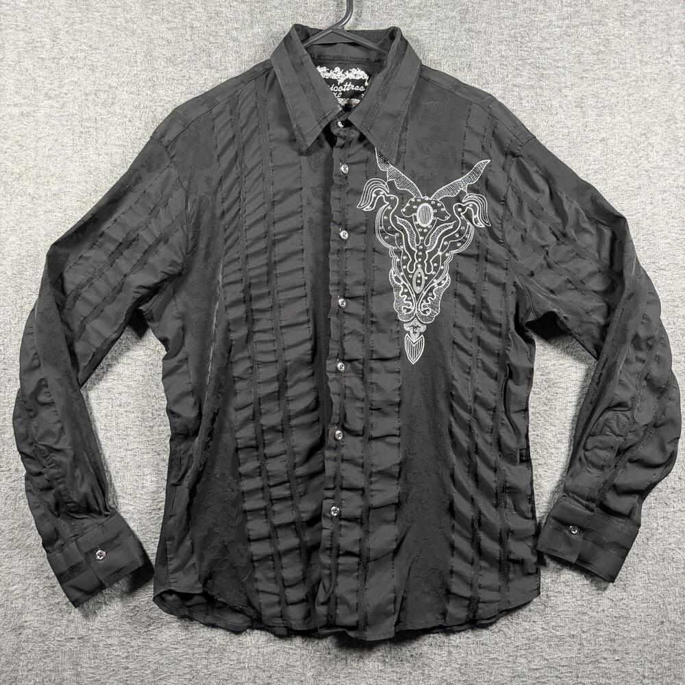 Apricottree Shirt Mens Large Black Gothic Embroidered Skull Button Up Rhinestone